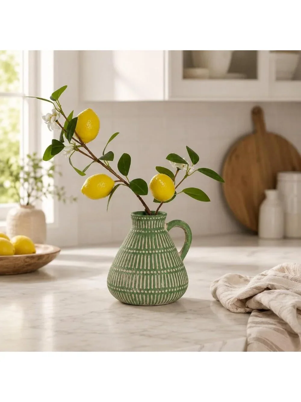 Small Green Clay Vase with Faux Lemon Branch - Charming Lemon Decor Accent